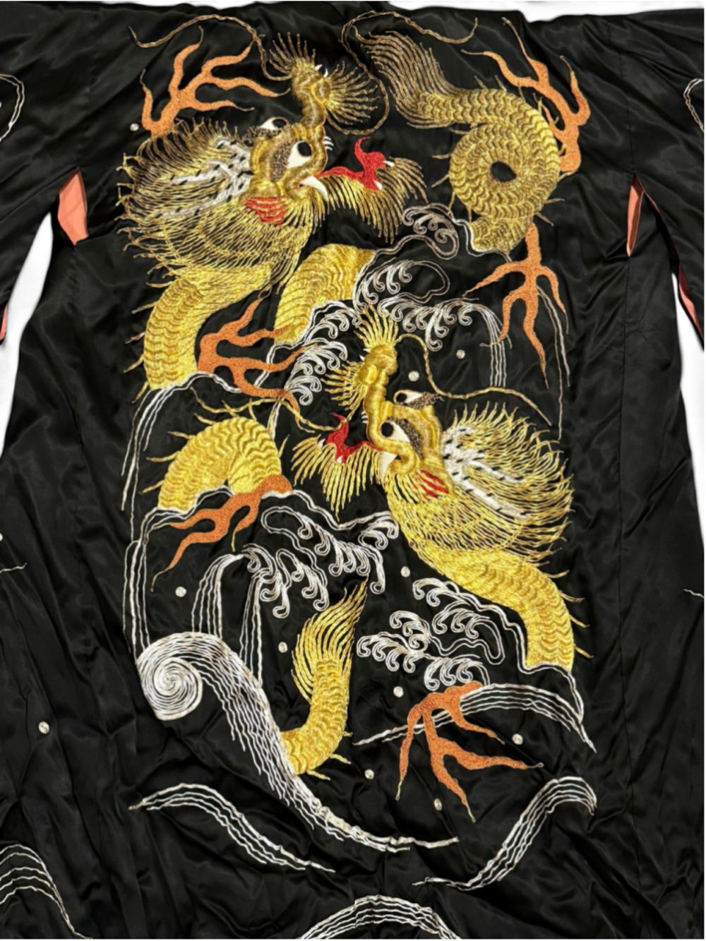 Vintage Japanese Souvenir Kimono Robe Double Dragon Embroidered Satin Black 41” - Picture 6 of 11